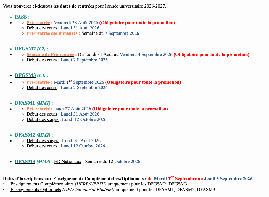 dates de rentrée